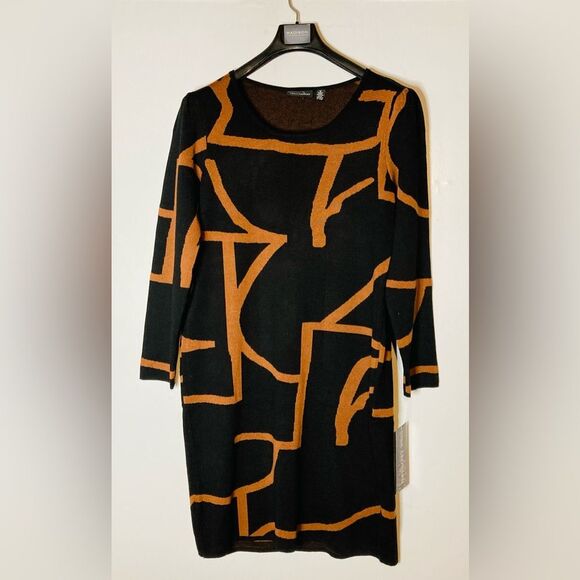 NWT Nina Leonard Long Sleeve Black/Cognac Swirl Pattern Dress, size Medium - Picture 1 of 6